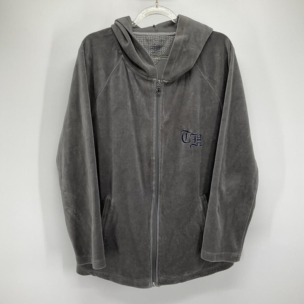 Tommy Hilfiger Velour Loungewear Hoodie Size L Grey Full Zip Luxe Y2K Jacket